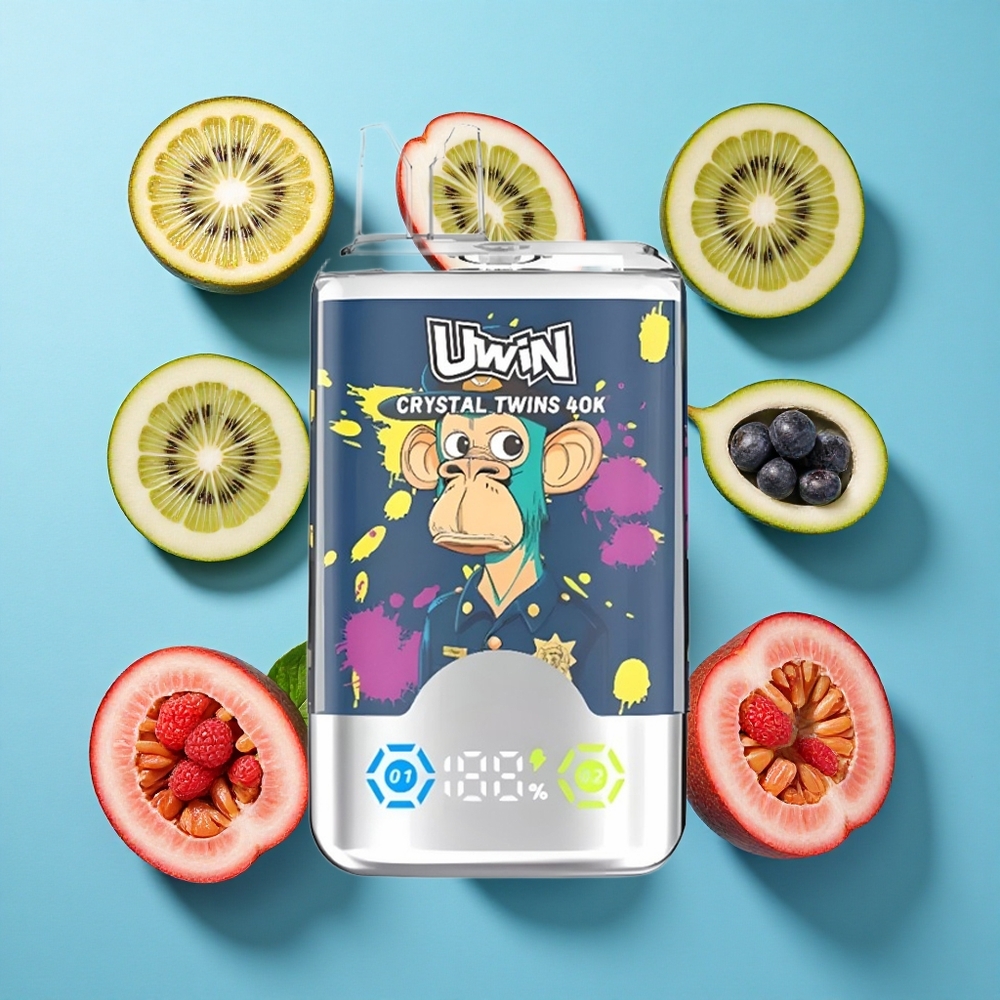 Uwin Crystal Twins 40000 Puffs Zwei Geschmacksrichtungen in einem Gerät Kiwi Passionsfrucht Guave Heidelbeere Himbeere